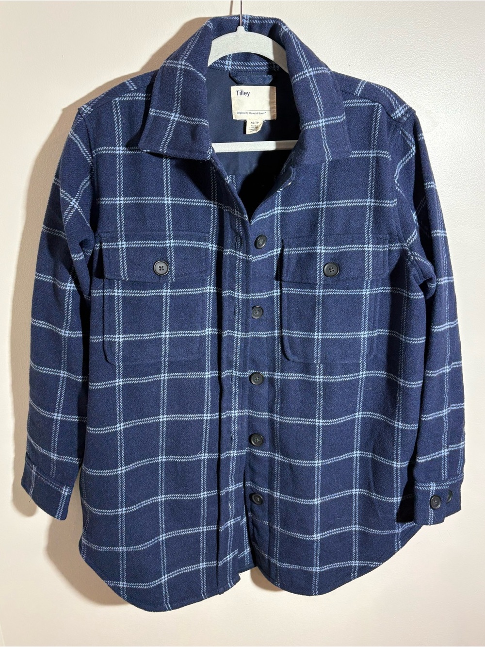 Tilley Wool Blend Plaid Shacket Overshirt Barn Jacket Heritage Navy XS